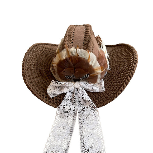 Vintage Handmade Crochet Feathers And Lace Hat Brown Women\'s OS main image 8
